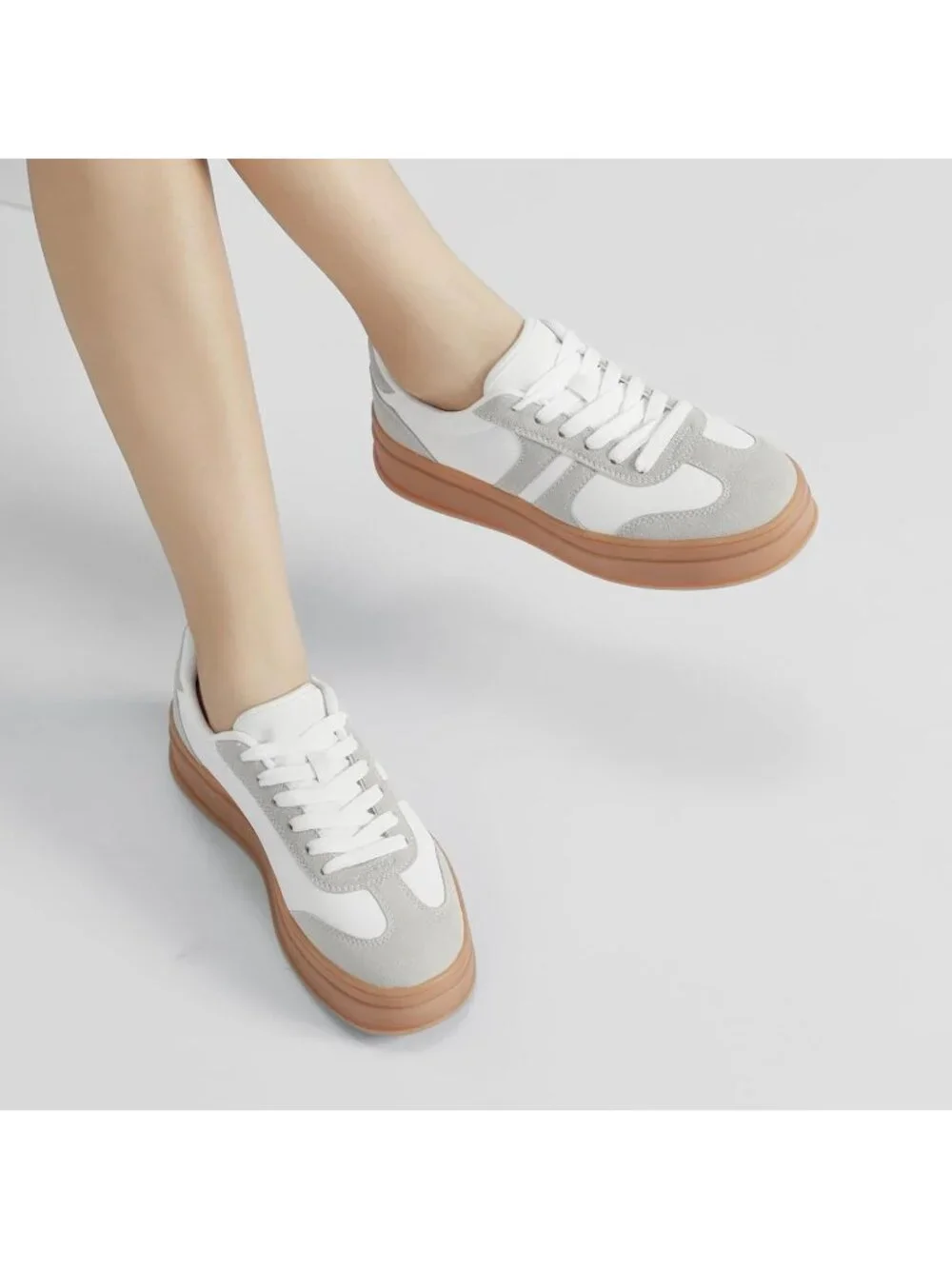 🆕Women's White Grey Gum Sole Fashion Sneakers Thick Platform Sole Rubber Shoes